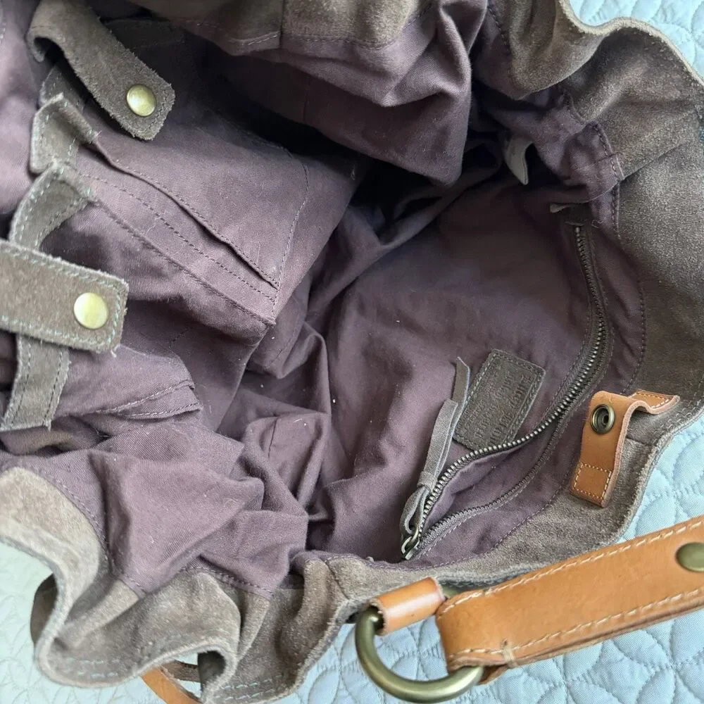 VTG Lucky Brand Brown Suede Hobo Shoulder Handbag Satchel Tan Straps